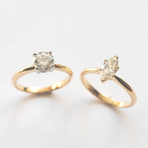 Round and marquise Diamond engagement ring 18 carat yellow gold Karin Kraemer bespoke jewelleryPicture