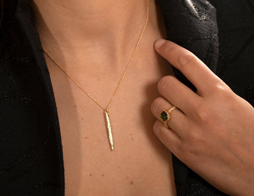18ct gold pendulum pendant and green tourmaline ring Karin Kraemer jewellery