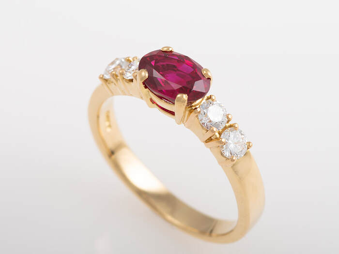 Ruby and diamond ring 18 carat yellow gold prong set London UK
